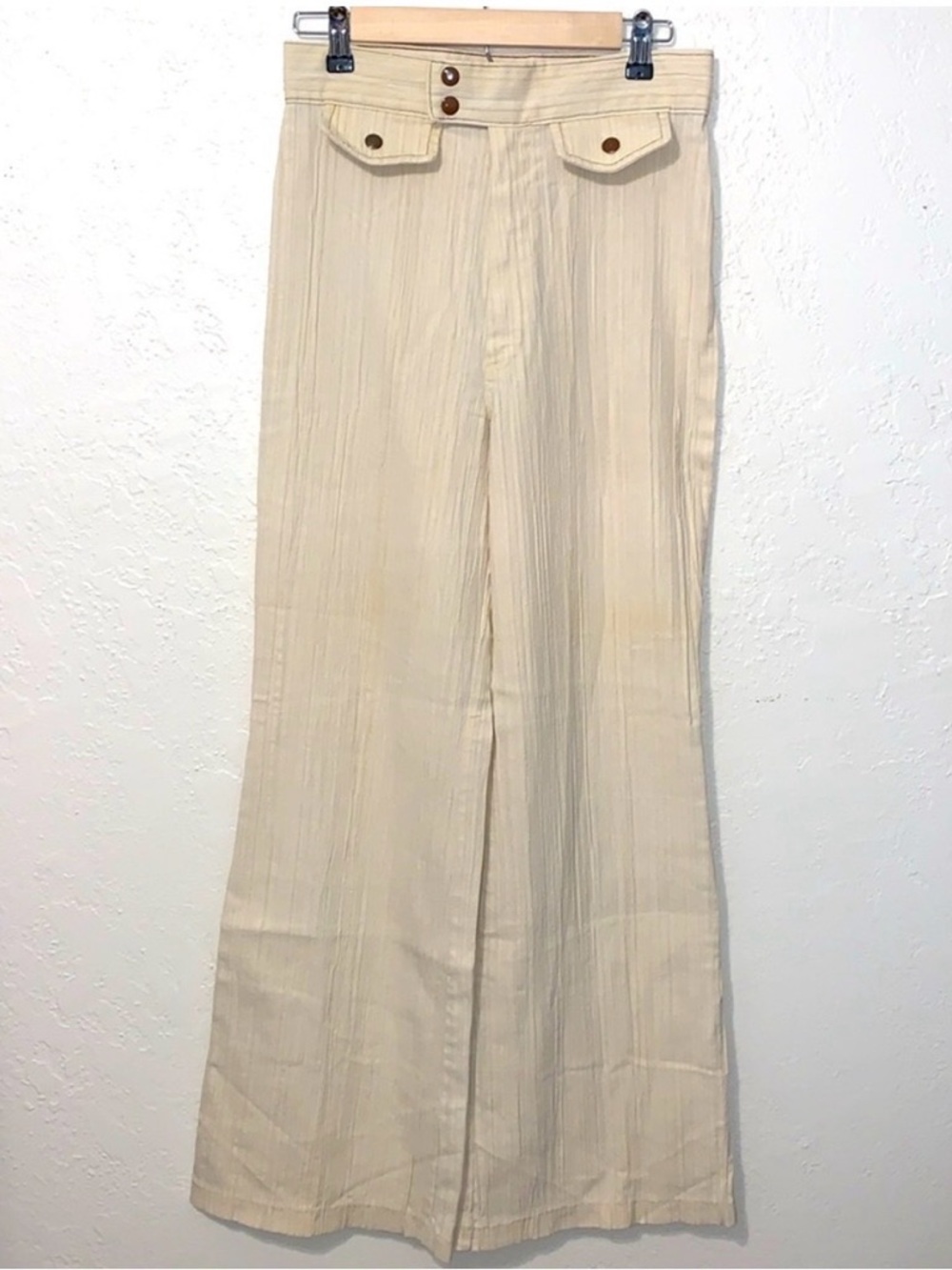 Vintage 70s Beeline Bell Bottoms Ribbed Cotton High Rise Sailor Cream Small 28”